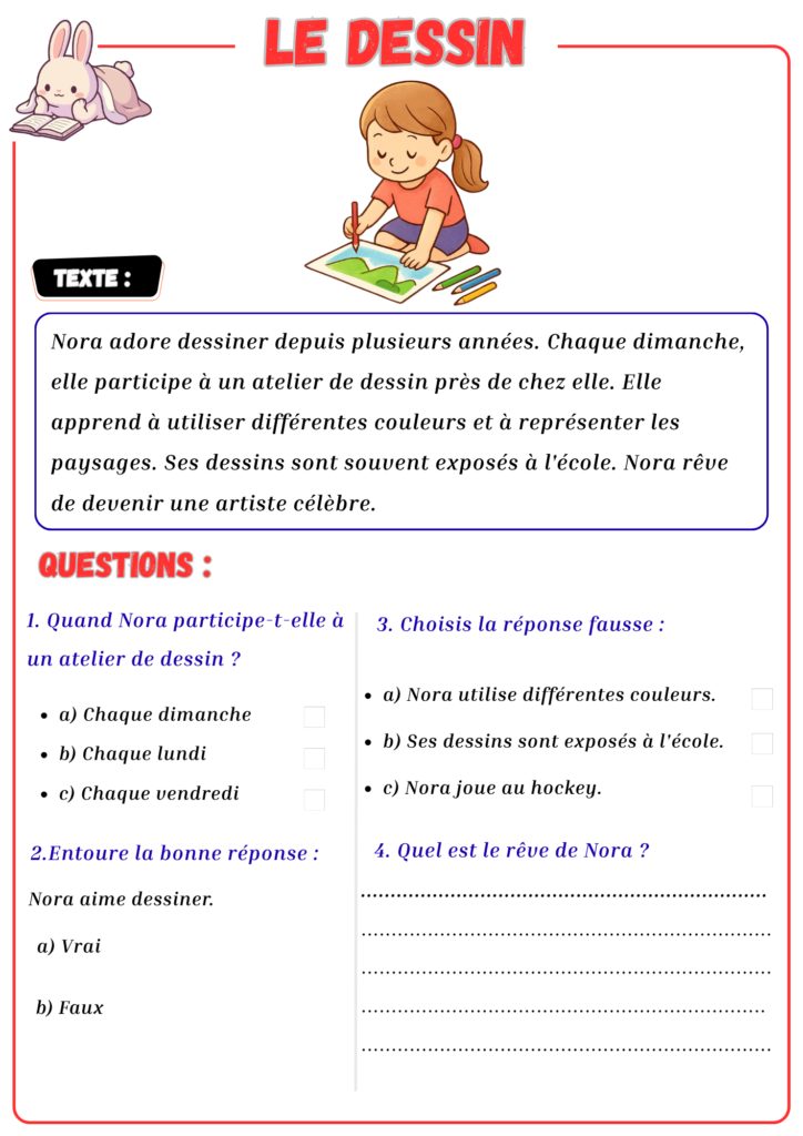 Soutien Scolaire en Français : 10 Textes de Lecture avec Questions youssef adore jouer au football avec ses amis. chaque samedi, ils se retrouvent au terrain près de leur quartier. ils portent des maillots de sport et s'entraînent pendant une heure. youssef joue