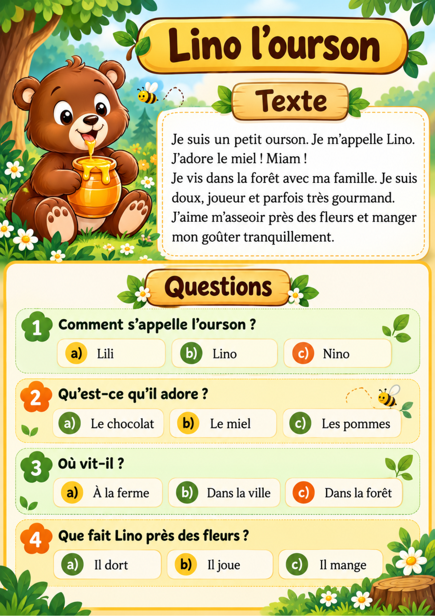 10 textes de lecture avec questions de compréhension à télécharger en PDF lino l’ourson (2)