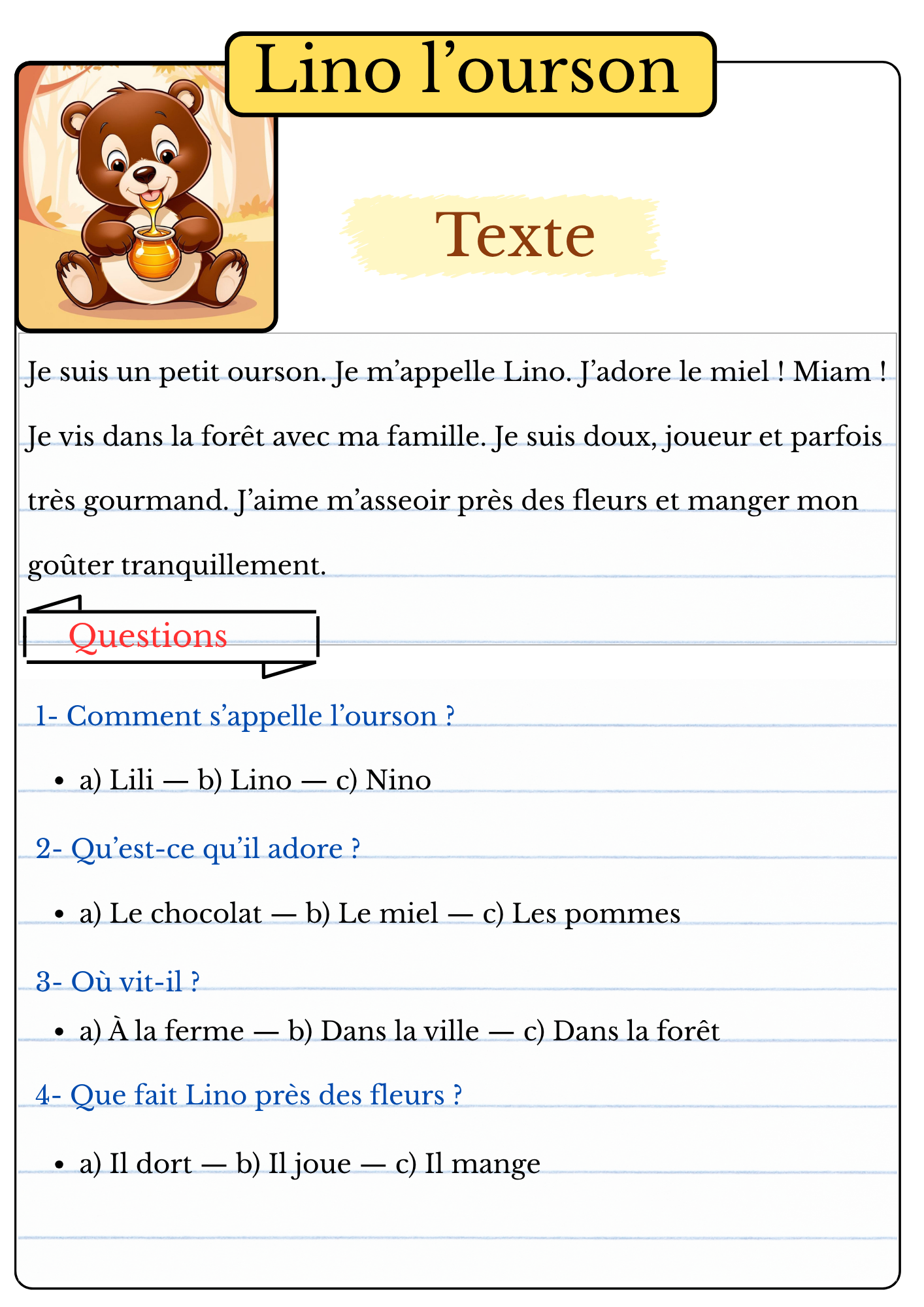 10 textes de lecture avec questions de compréhension à télécharger en PDF lino l’ourson (3)