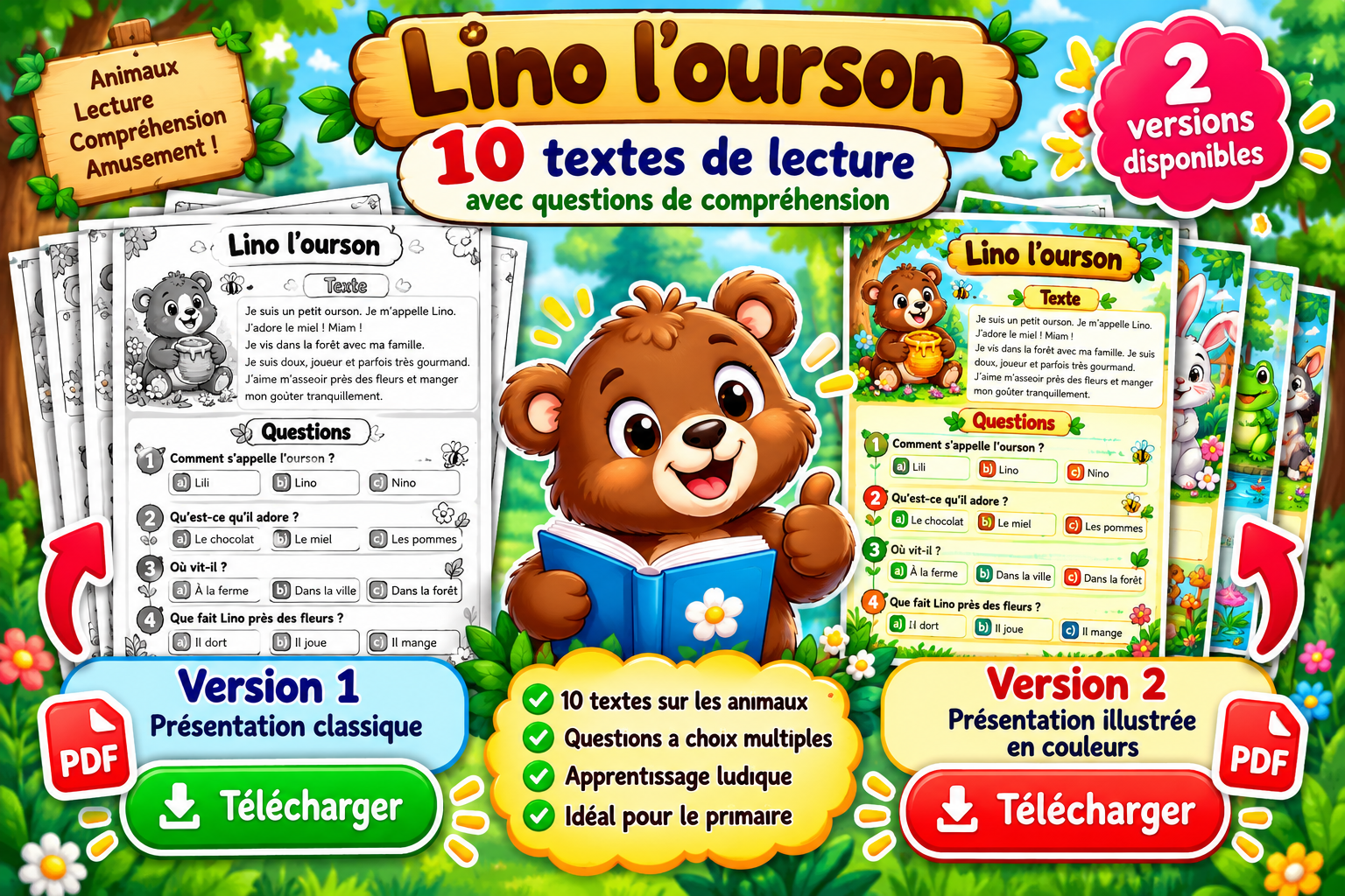 10 textes de lecture avec questions de compréhension à télécharger en PDF لينو الدب الصغير نسختان تعليميتان ممتعتان