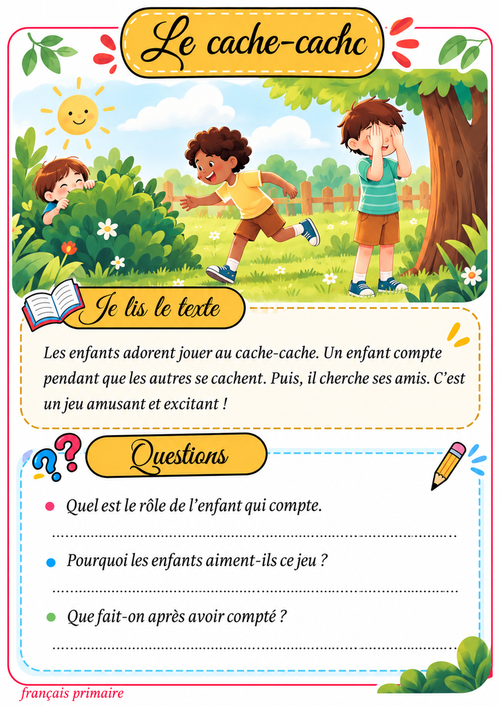 Les jeux des enfants : fiches de lecture et activités amusantes ورقة cache cache التعليمية المرحة